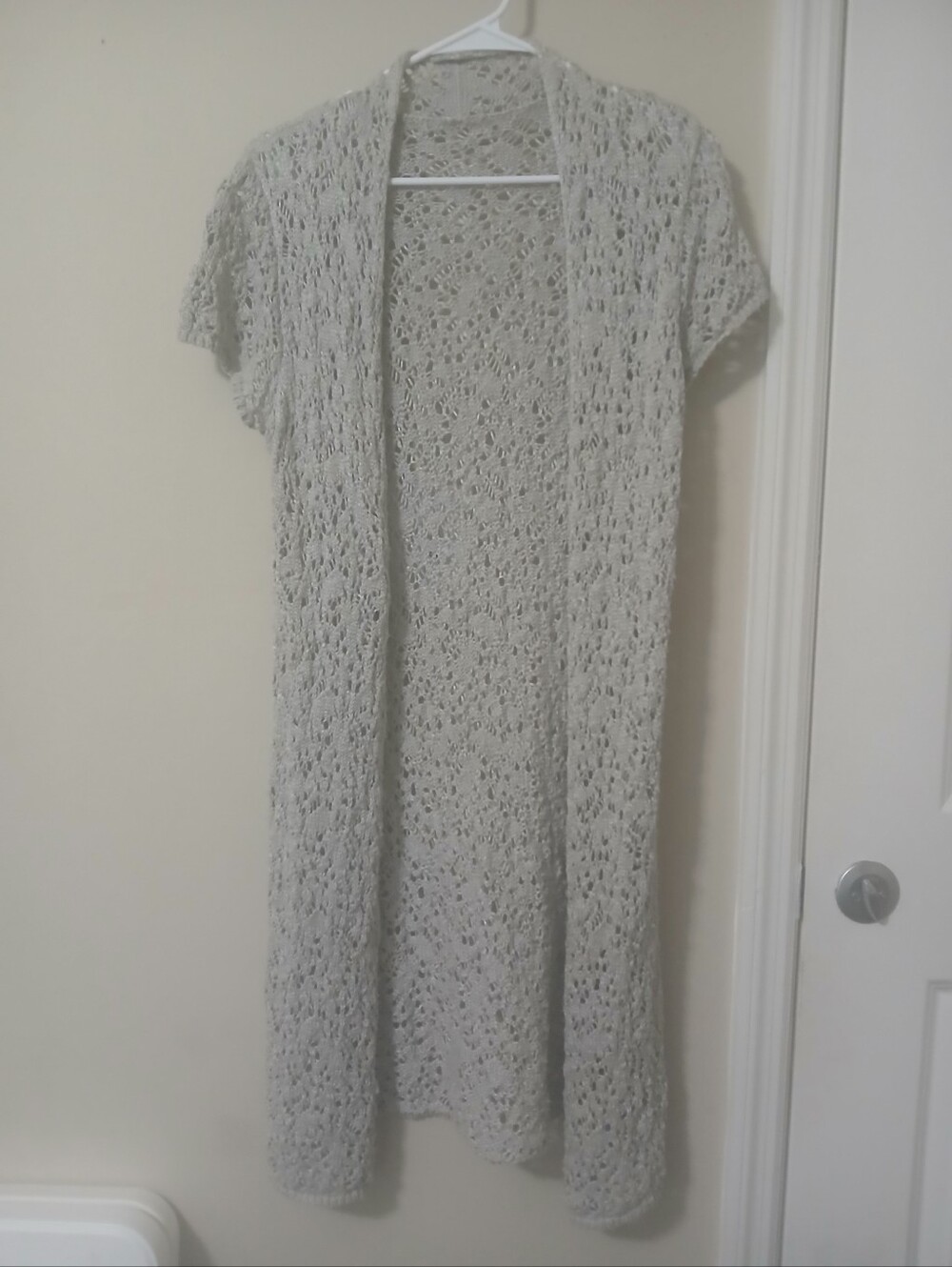 Preowned Light Gray Crochet Open-Front Women's Sweater Cardigan Clean